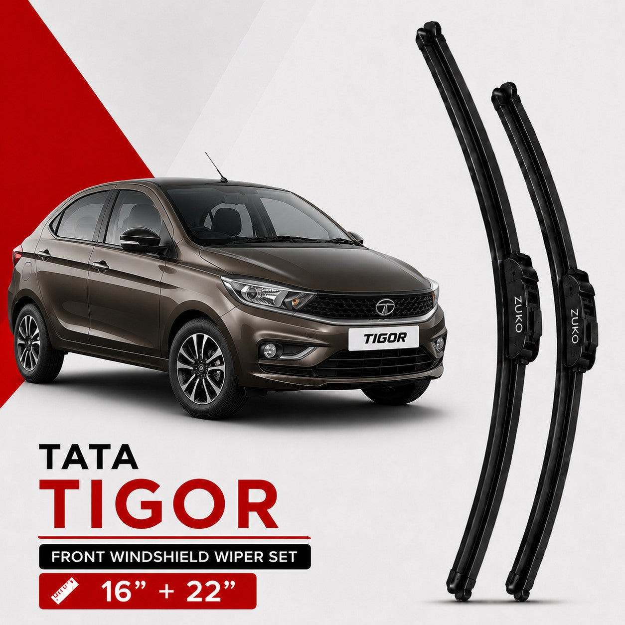 Zuko India Tigor TATA (2015-2026) Compatible Wiper Blades | Conventional, Hybrid & Frameless