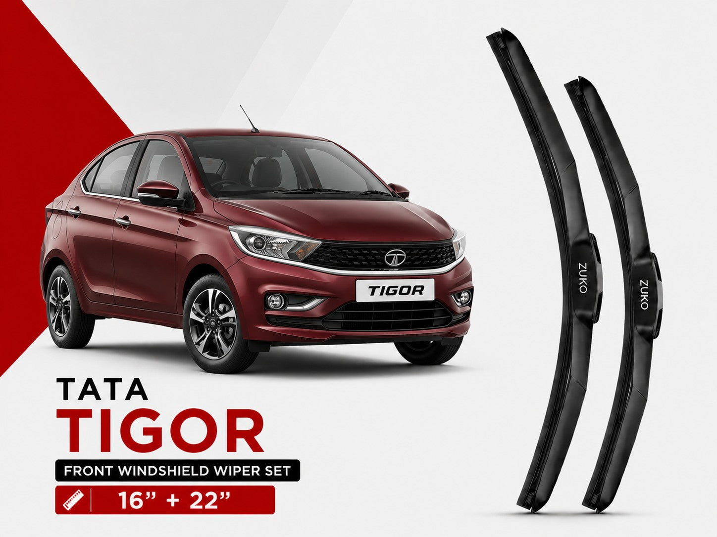 Zuko India Tigor TATA (2015-2026) Compatible Wiper Blades | Conventional, Hybrid & Frameless