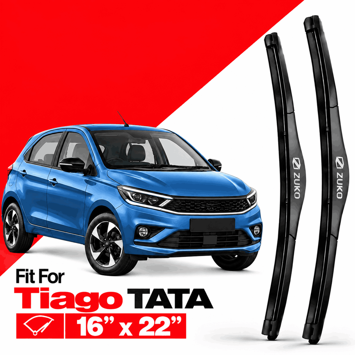 Zuko India Tiago TATA (2015-2026) Compatible Wiper Blades | Conventional, Hybrid & Frameless