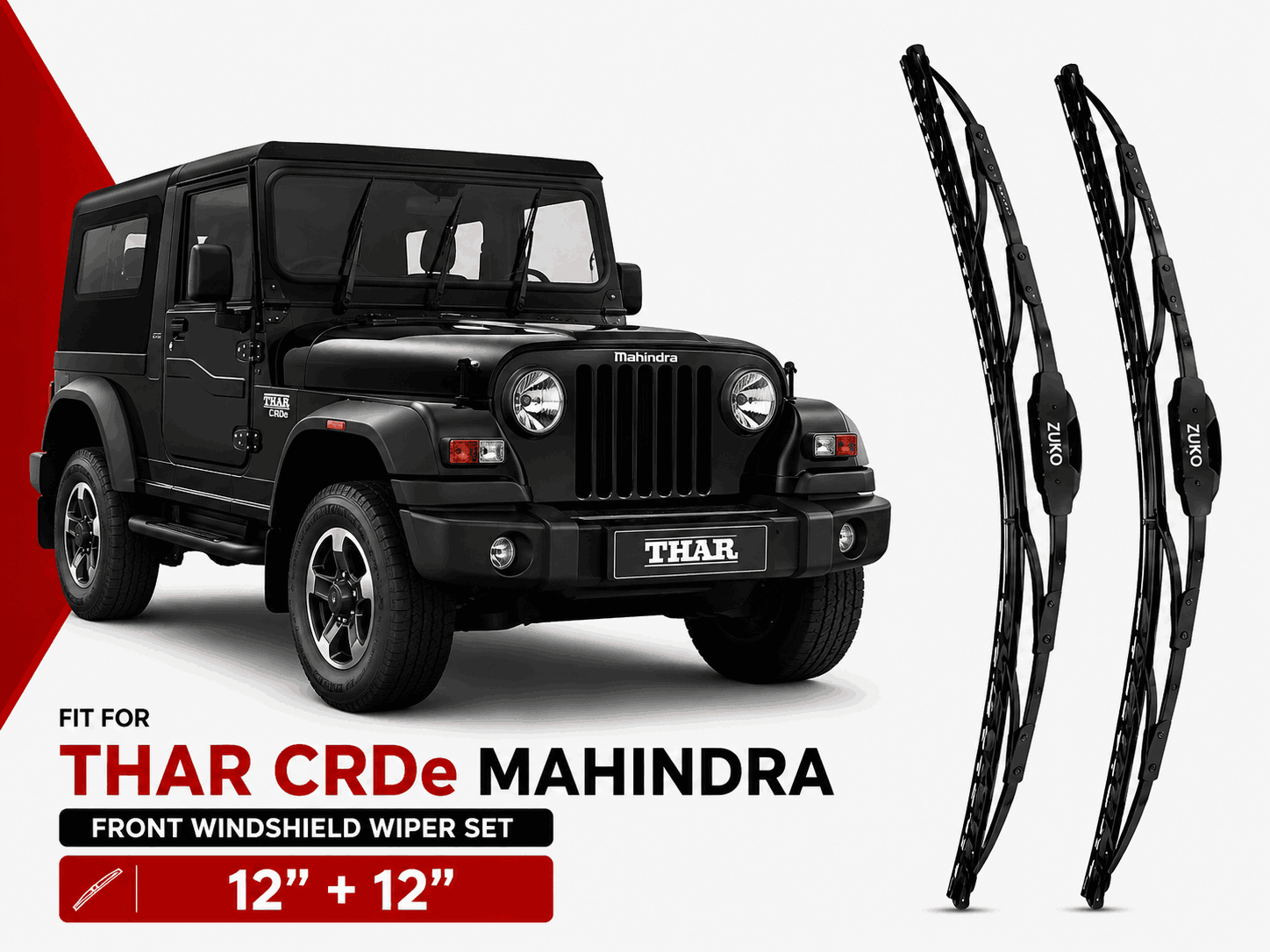 Zuko India Thar CRDe MAHINDRA (2010-2020) Compatible Wiper Blades | Conventional, Hybrid & Frameless