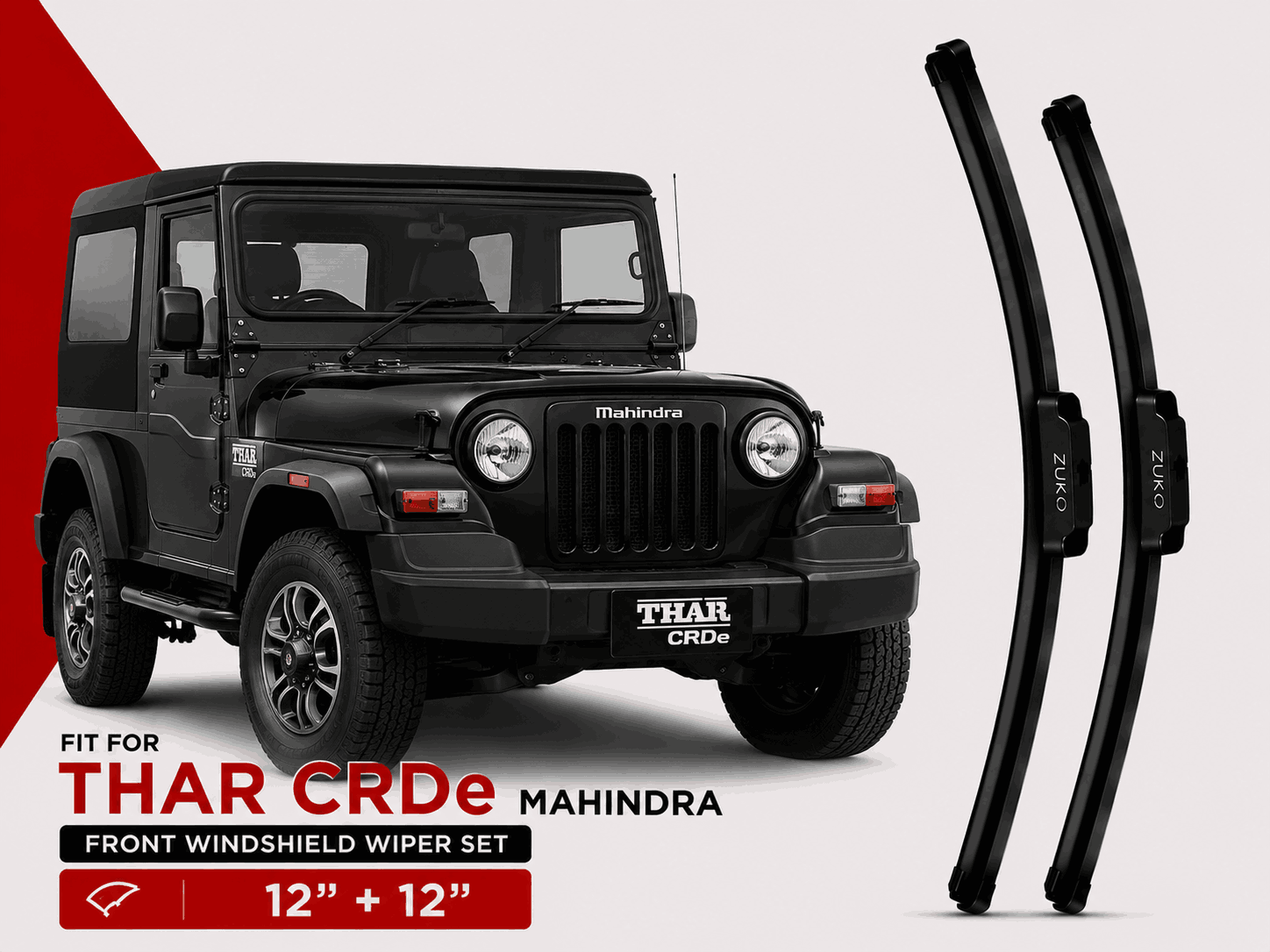 Zuko India Thar CRDe MAHINDRA (2010-2020) Compatible Wiper Blades | Conventional, Hybrid & Frameless