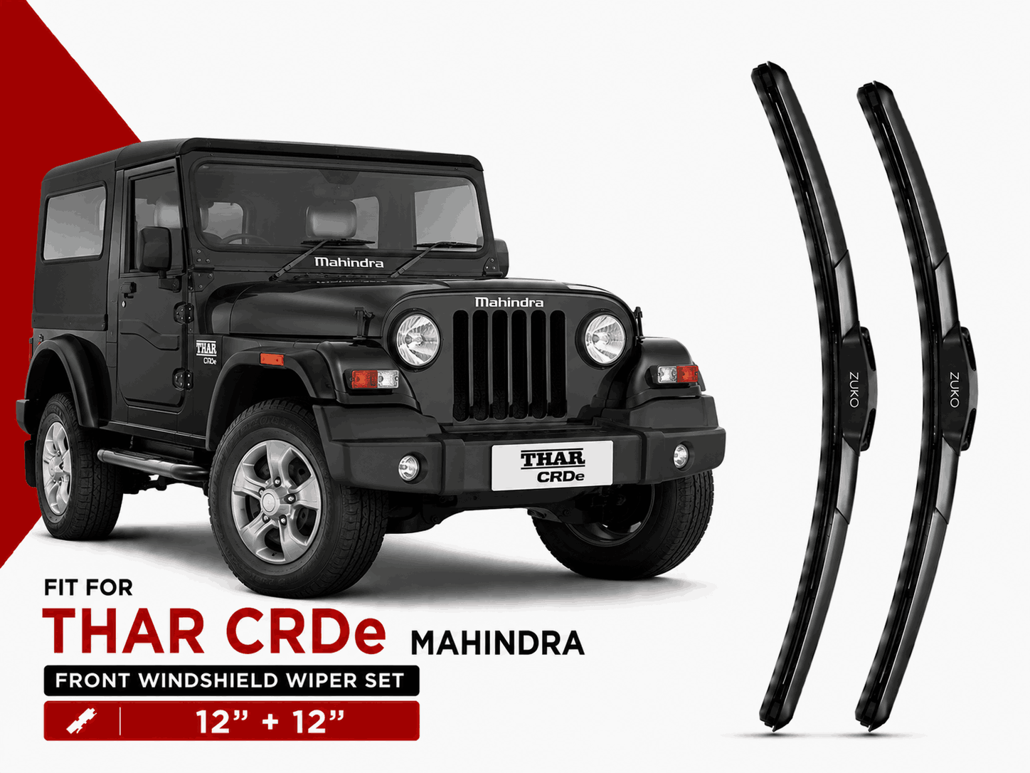 Zuko India Thar CRDe MAHINDRA (2010-2020) Compatible Wiper Blades | Conventional, Hybrid & Frameless