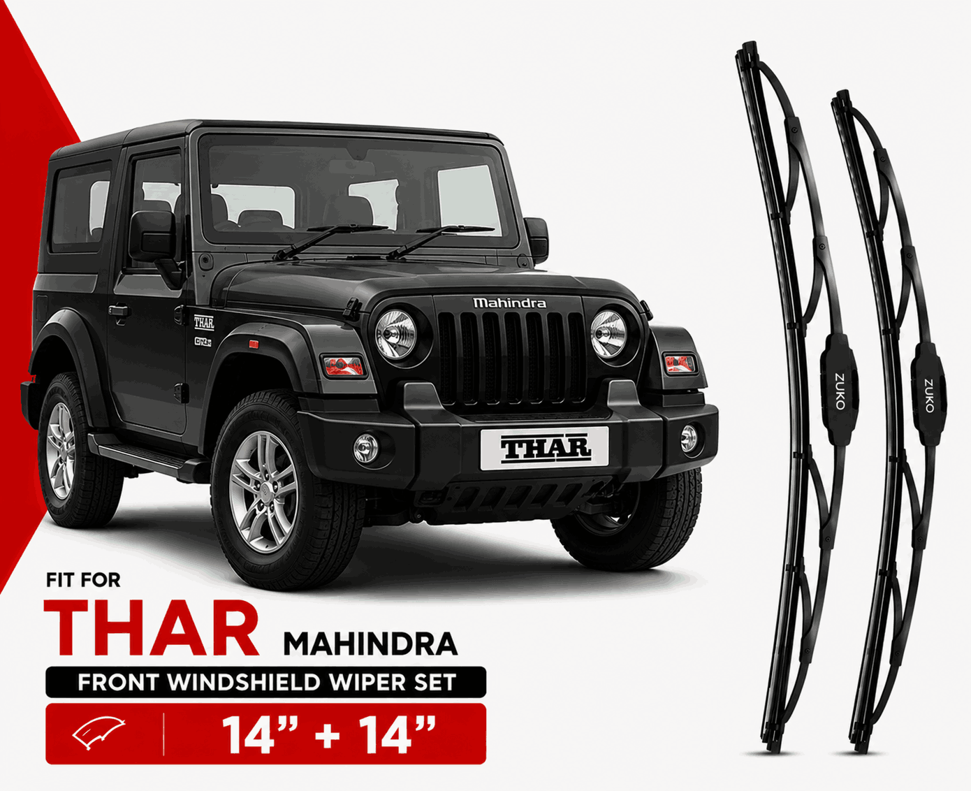 Zuko India Thar MAHINDRA (2015-2026) Compatible Wiper Blades | Conventional, Hybrid & Frameless