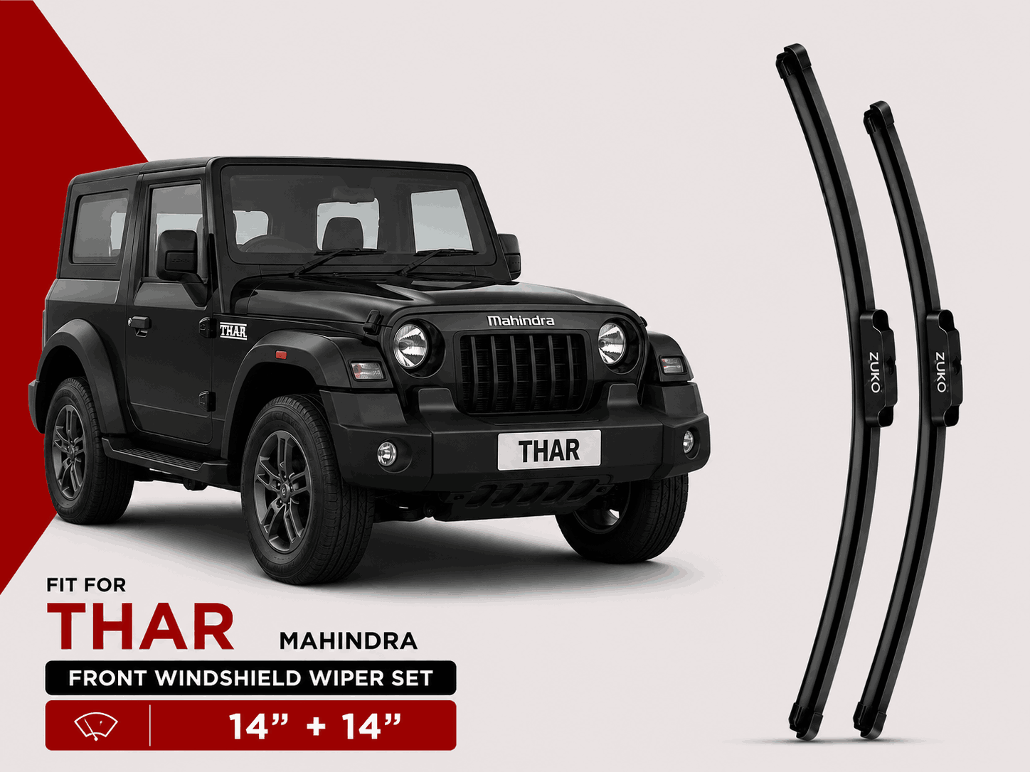 Zuko India Thar MAHINDRA (2015-2026) Compatible Wiper Blades | Conventional, Hybrid & Frameless