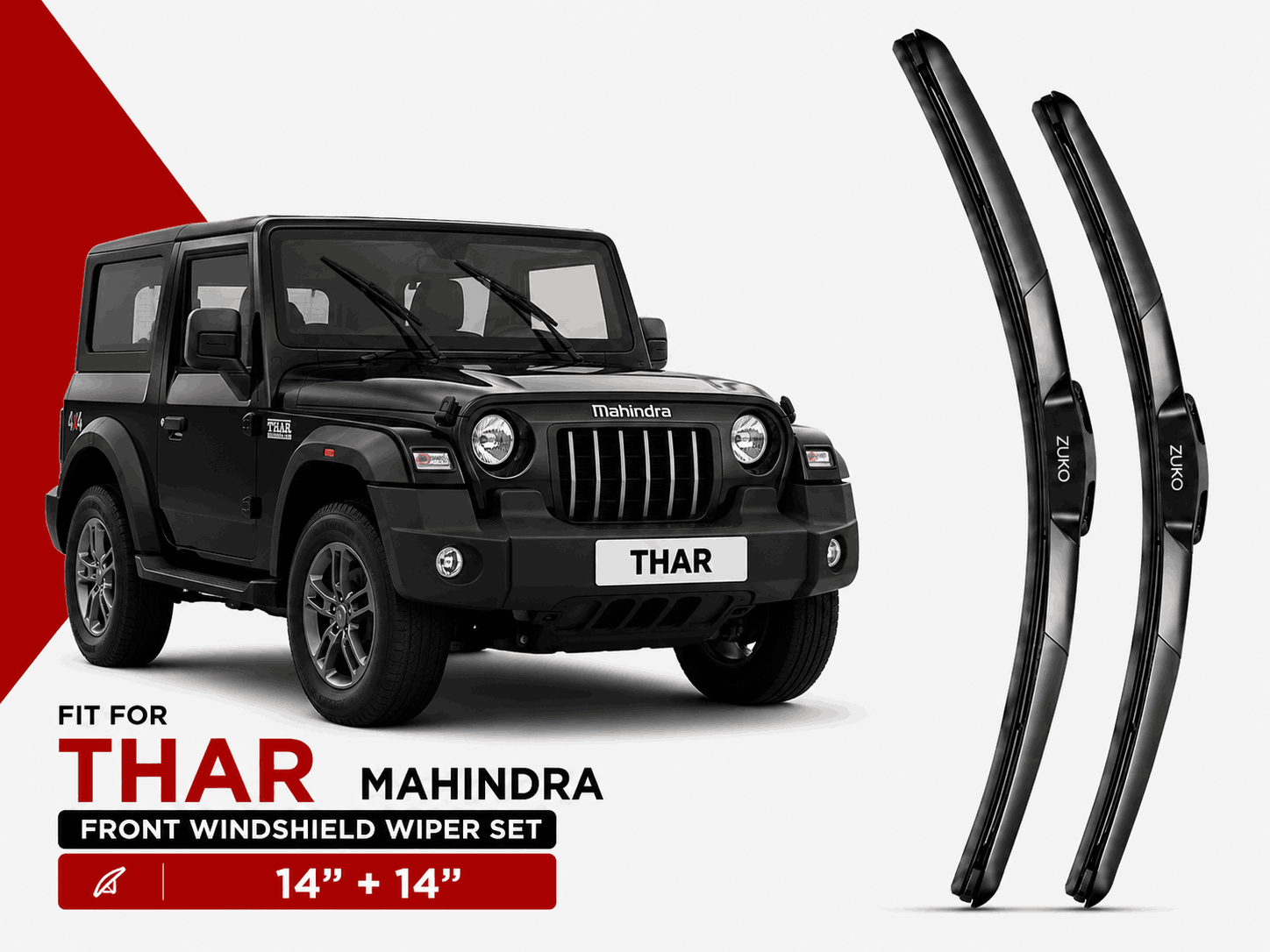 Zuko India Thar MAHINDRA (2015-2026) Compatible Wiper Blades | Conventional, Hybrid & Frameless
