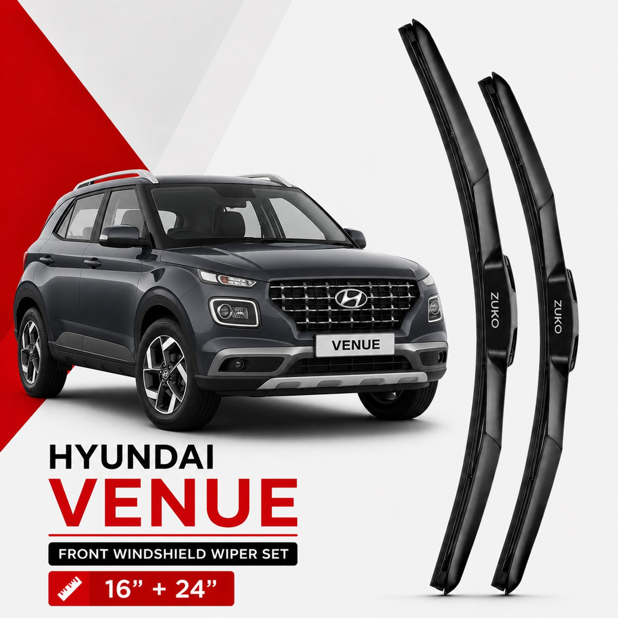 Zuko India Venue HYUNDAI (2015-2026) Compatible Wiper Blades | Conventional, Hybrid & Frameless