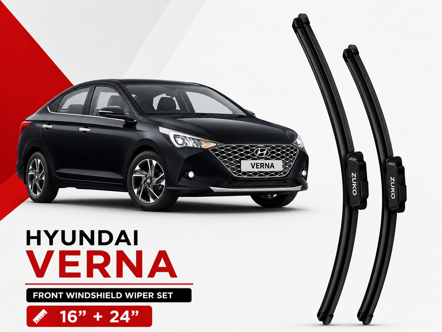 Zuko India Verna HYUNDAI (2015-2026) Compatible Wiper Blades | Conventional, Hybrid & Frameless