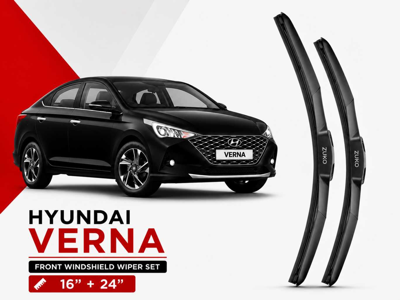 Zuko India Verna HYUNDAI (2015-2026) Compatible Wiper Blades | Conventional, Hybrid & Frameless