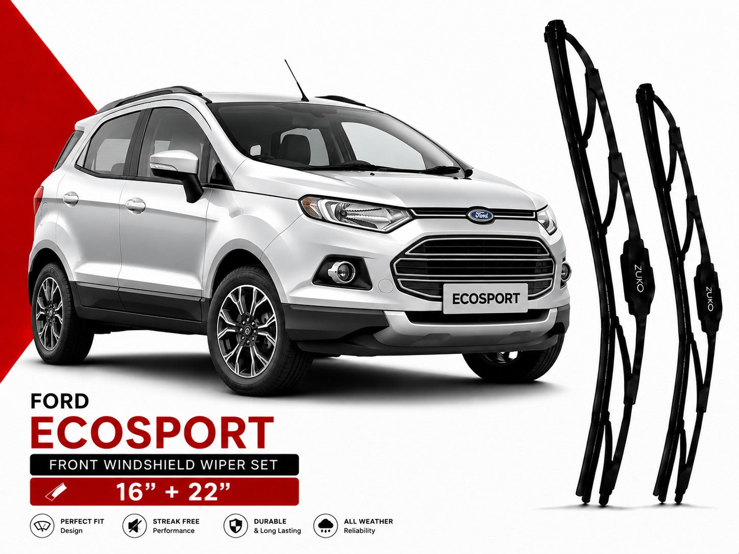 Zuko India Ecosport FORD (2013-2021) Compatible Wiper Blades | Conventional, Hybrid & Frameless