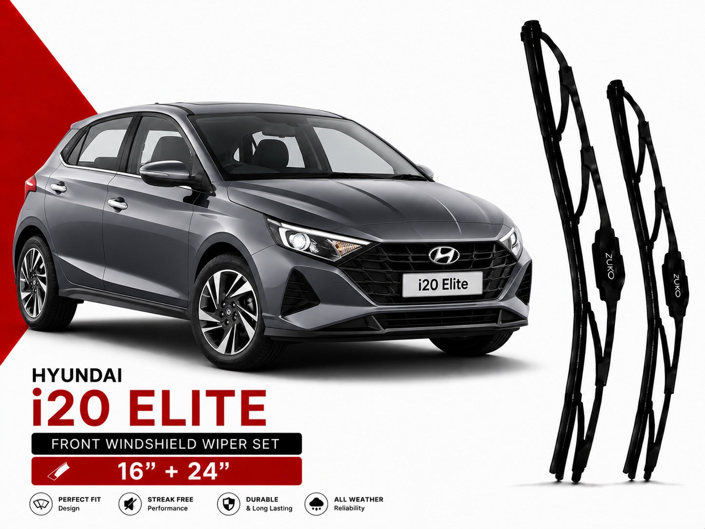 Zuko India i20 Elite HYUNDAI (2014-2020) Compatible Wiper Blades | Conventional, Hybrid & Frameless