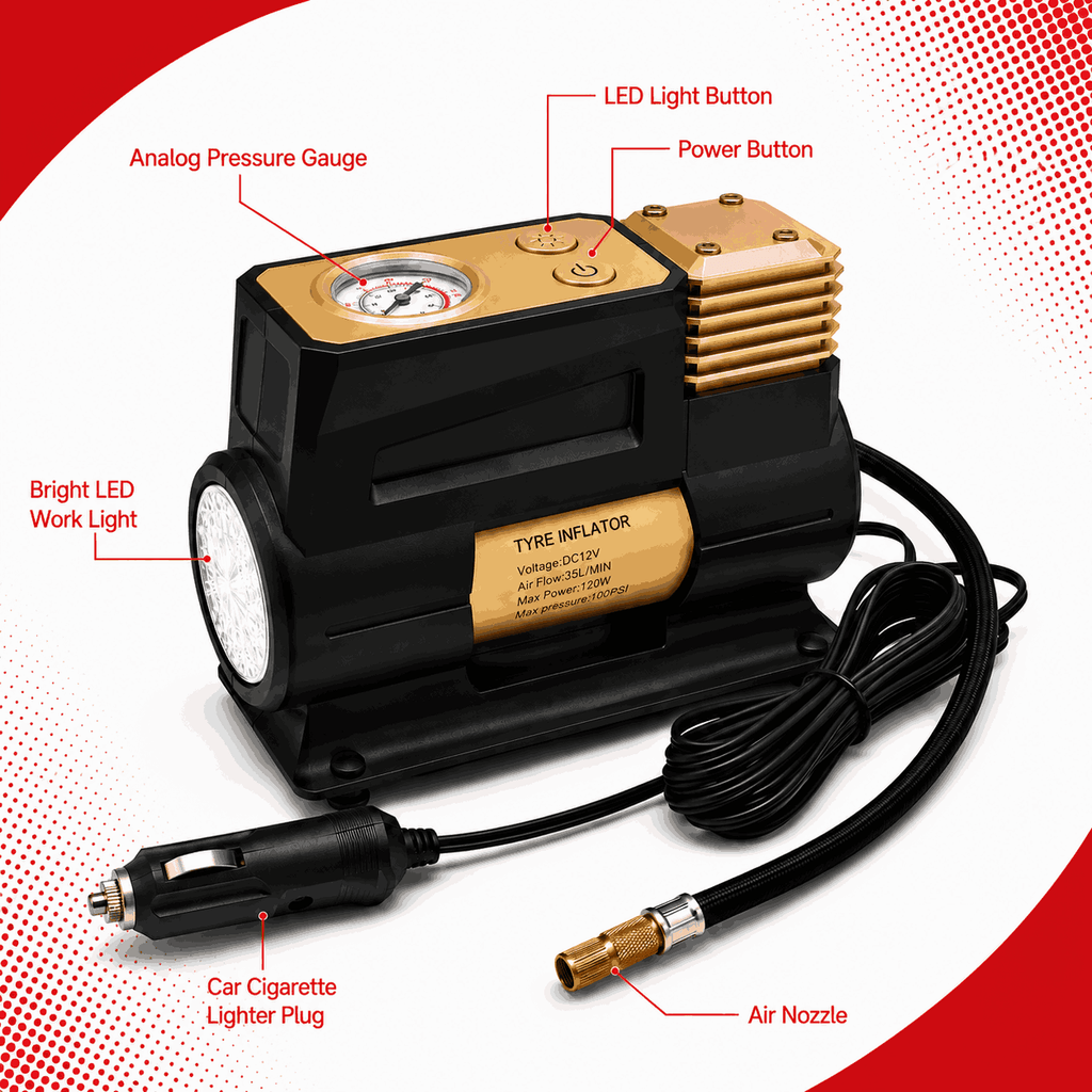 Zuko India Tyre Inflator | Single Cylinder Air Compressor with LED Light