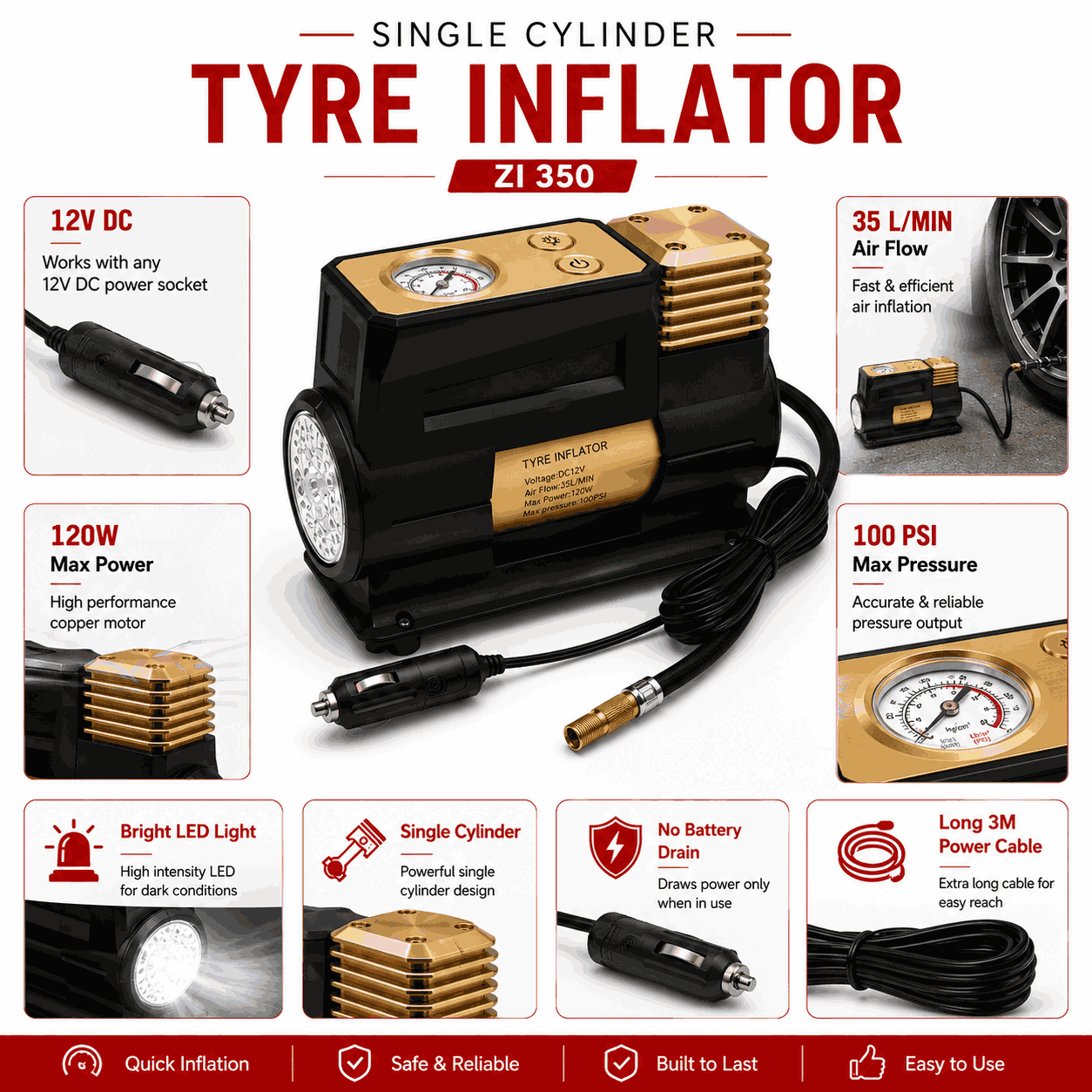 Zuko India Tyre Inflator | Single Cylinder Air Compressor with LED Light