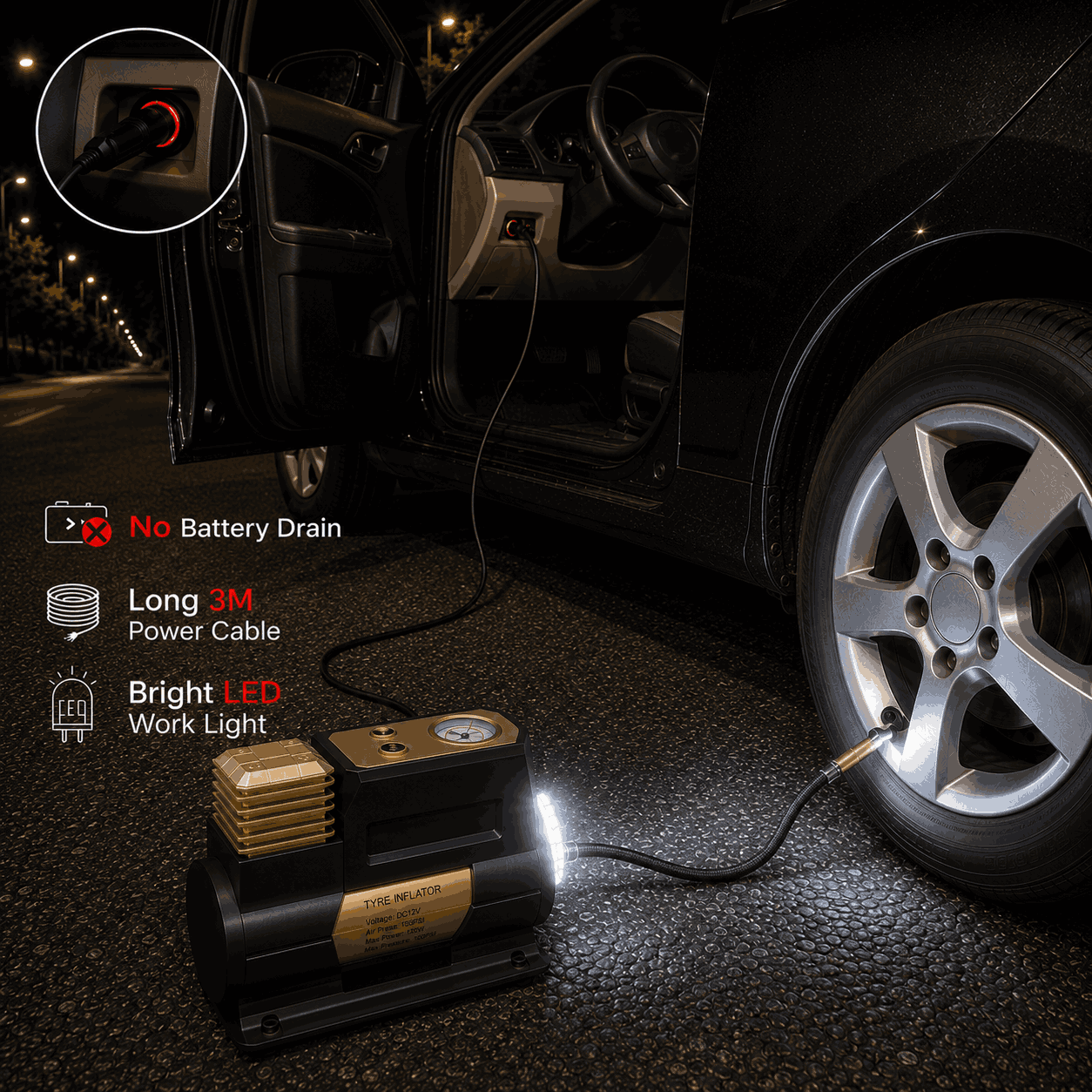 Zuko India Tyre Inflator | Single Cylinder Air Compressor with LED Light